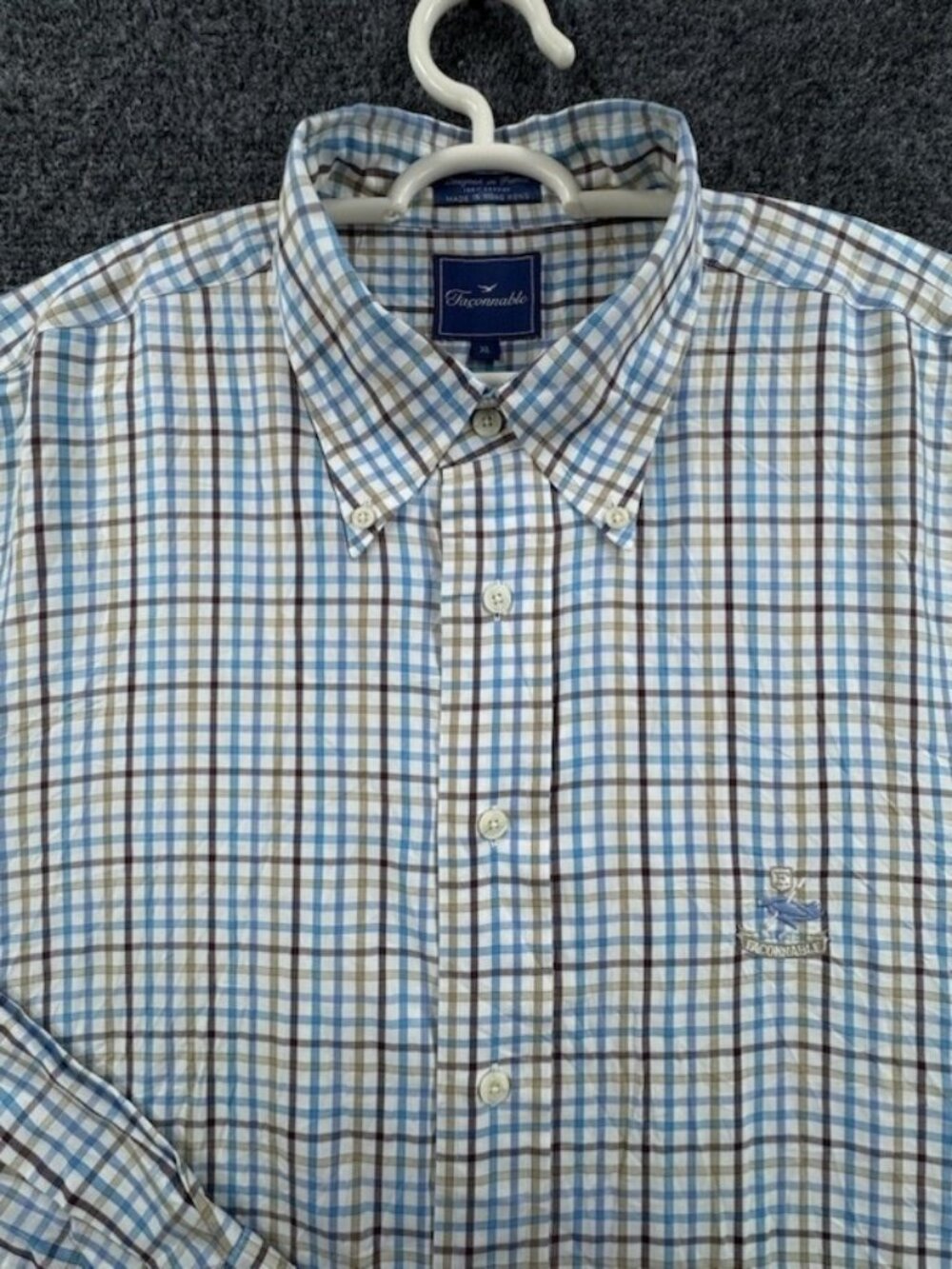 Faconnable Twill Blue Brown Button-Down XL Cotton Shirt Long Sleeve Men Adult